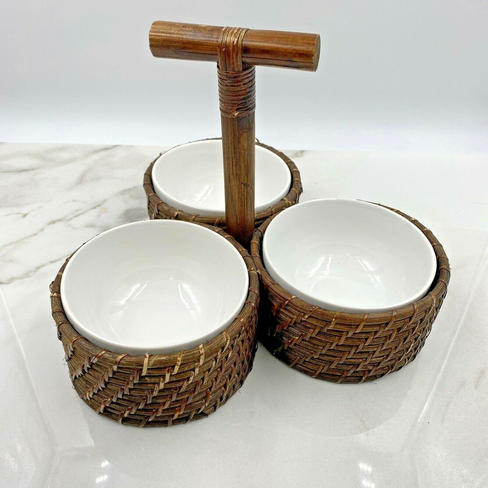 222 5th PTS International Dip Bowls Serving Set Wicker Woven Porcelain Handle